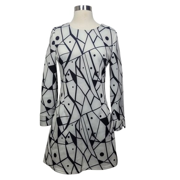 Dresses & Skirts - Women’s Black & White Geometric Print Dress Long Sleeve, Size M, Mod Retro Style